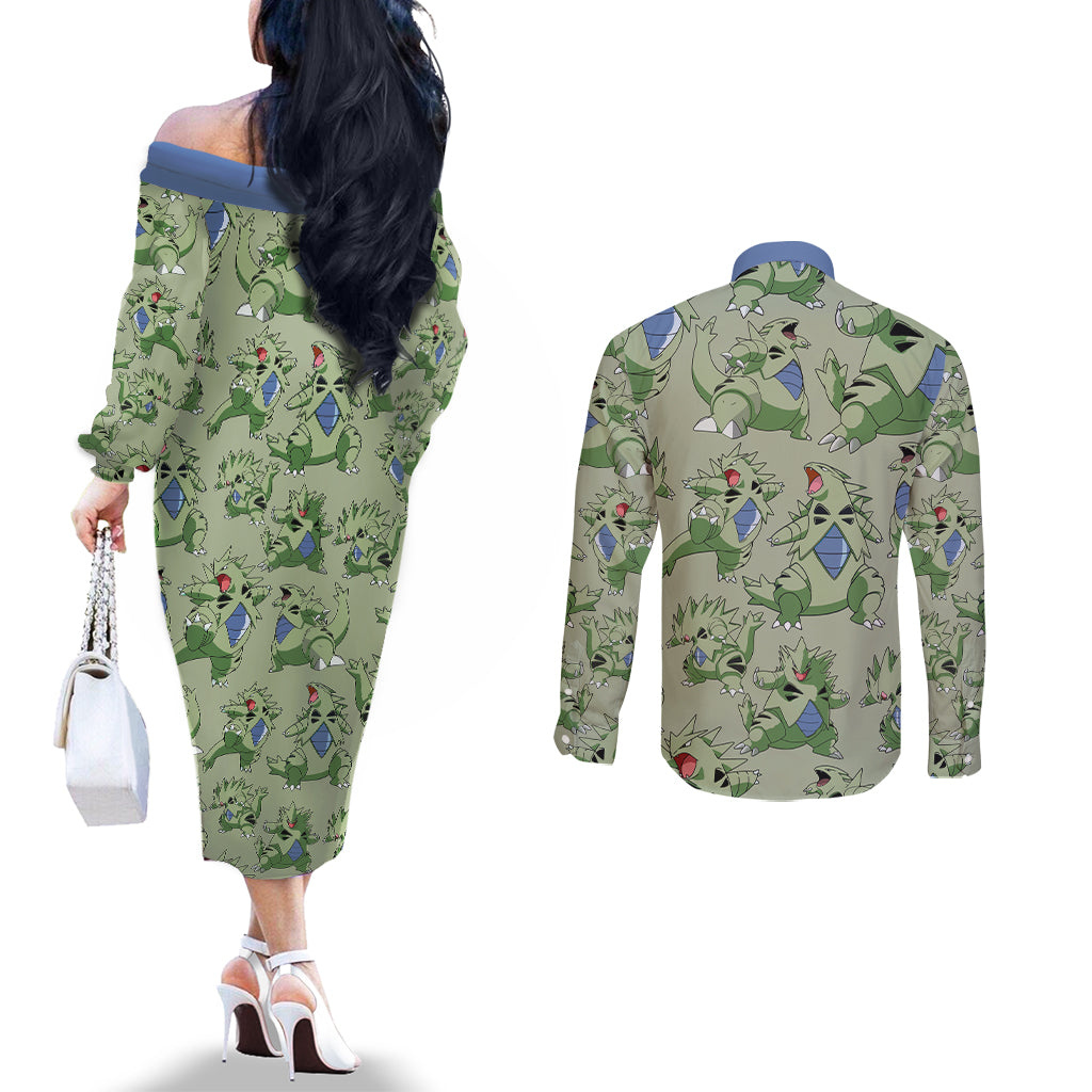 Tyranitar Pattern Style Couples Matching Off The Shoulder Long Sleeve Dress and Long Sleeve Button Shirt