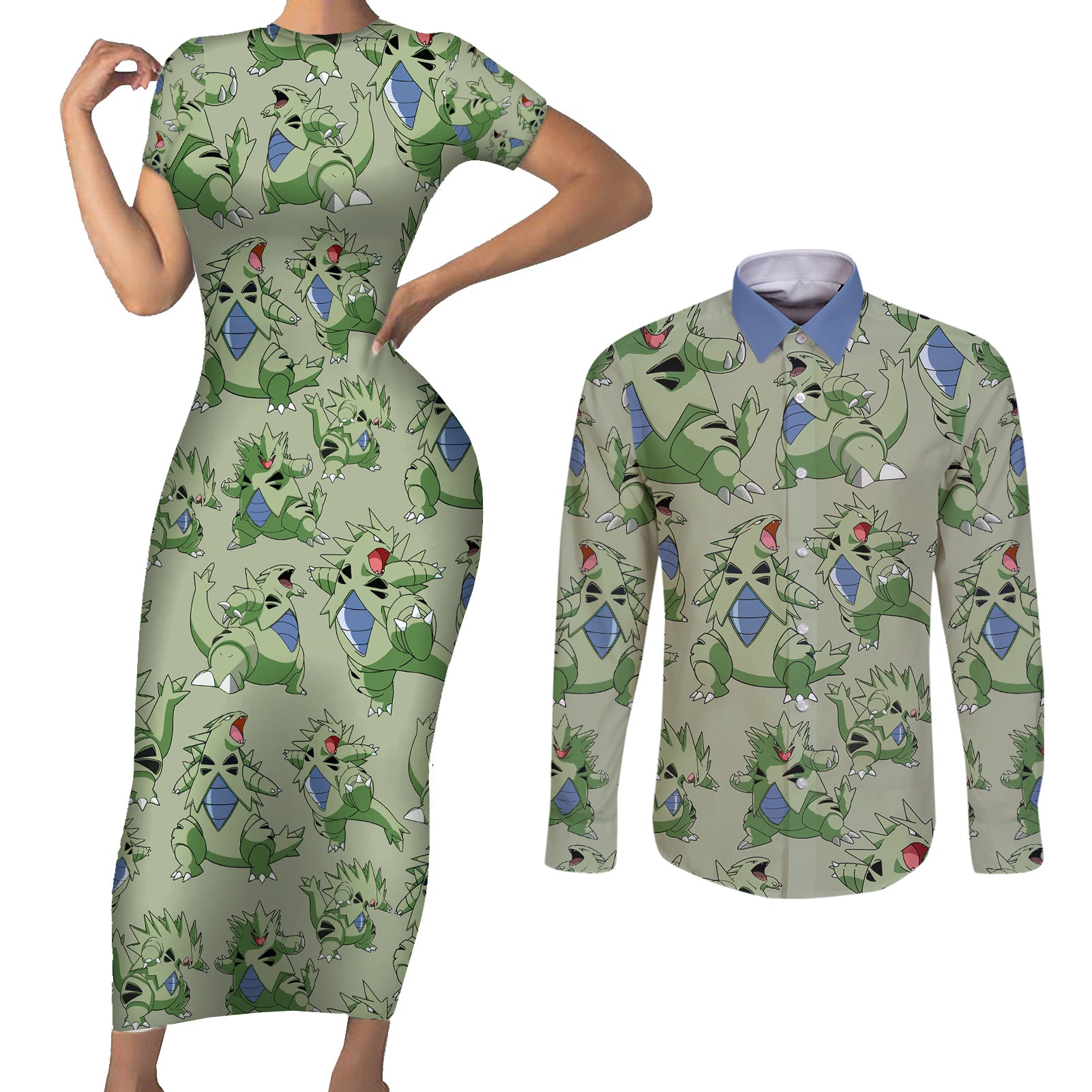 Tyranitar Pattern Style Couples Matching Short Sleeve Bodycon Dress and Long Sleeve Button Shirt