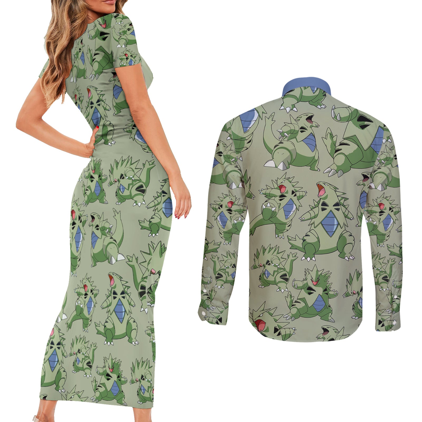 Tyranitar Pattern Style Couples Matching Short Sleeve Bodycon Dress and Long Sleeve Button Shirt