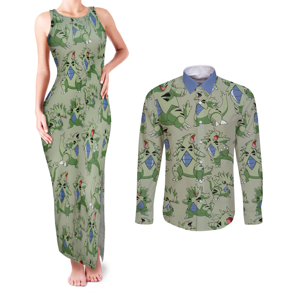 Tyranitar Pattern Style Couples Matching Tank Maxi Dress and Long Sleeve Button Shirt
