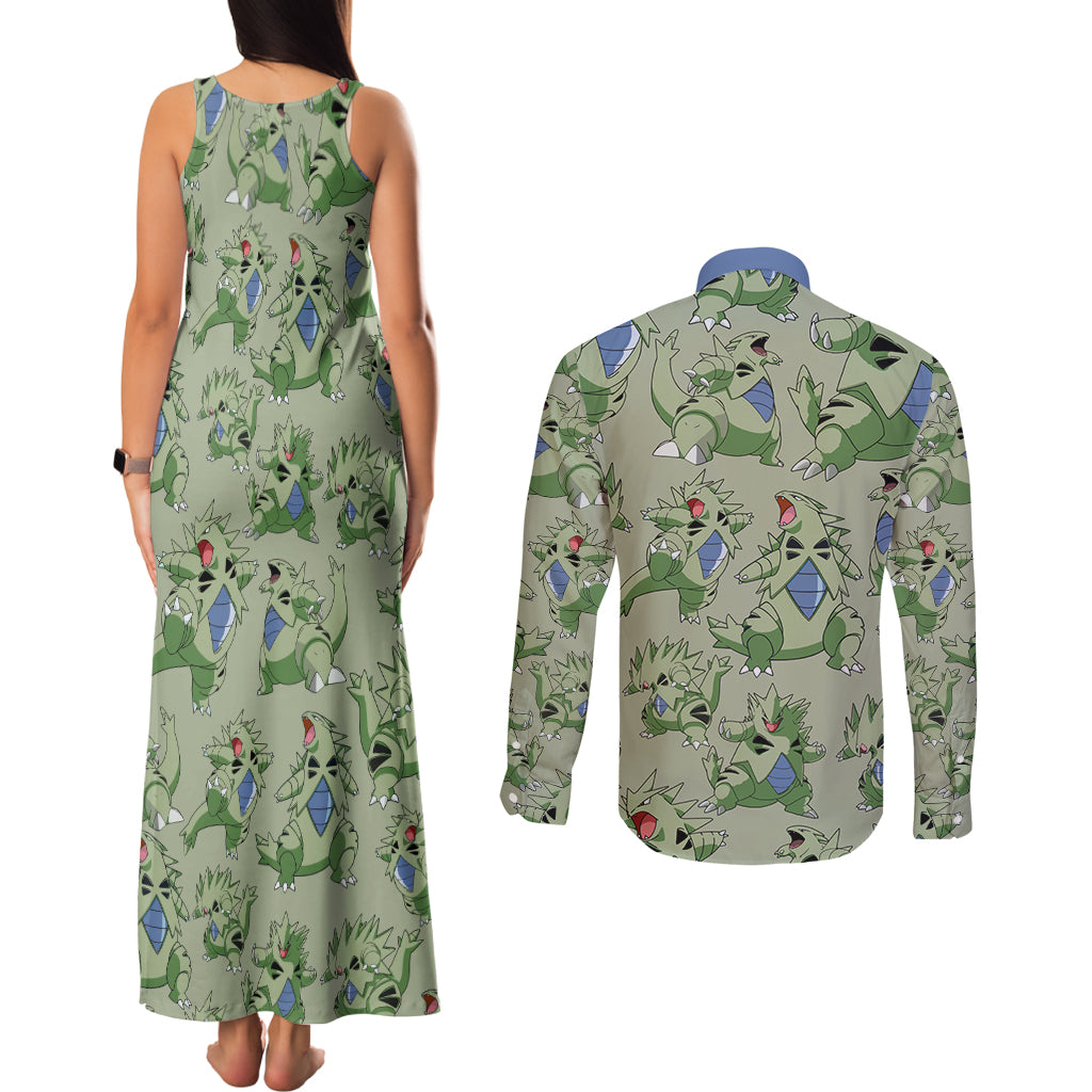 Tyranitar Pattern Style Couples Matching Tank Maxi Dress and Long Sleeve Button Shirt