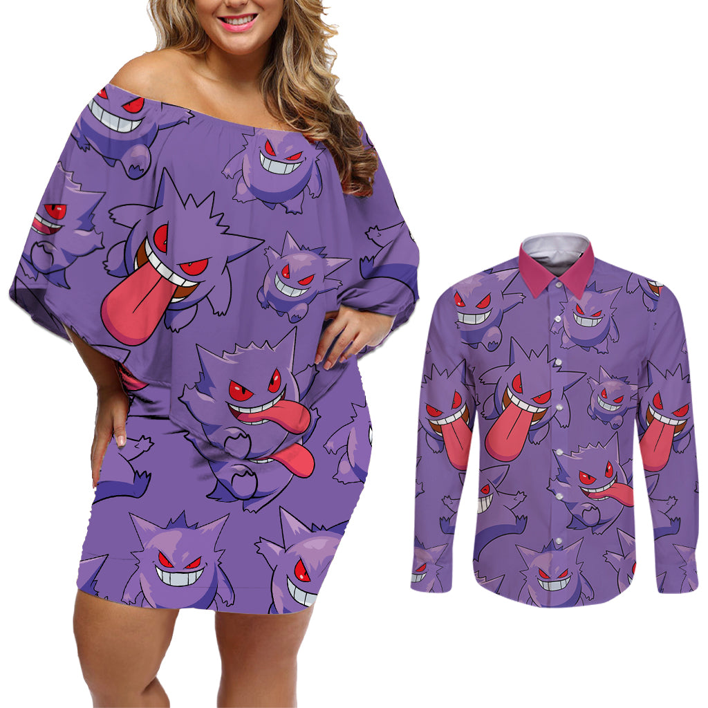 Gengar Clothes Pattern Style Couples Matching Off Shoulder Short Dress and Long Sleeve Button Shirt