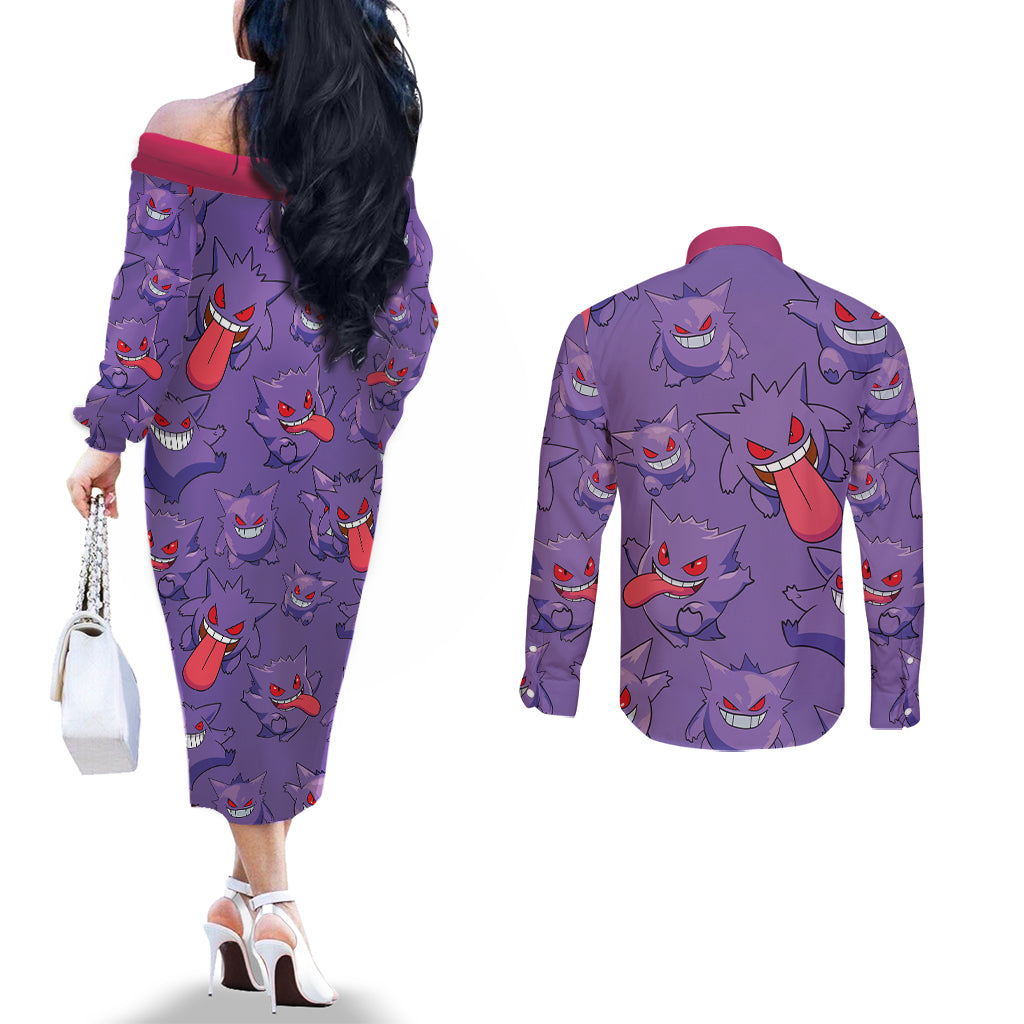 Gengar Clothes Pattern Style Couples Matching Off The Shoulder Long Sleeve Dress and Long Sleeve Button Shirt