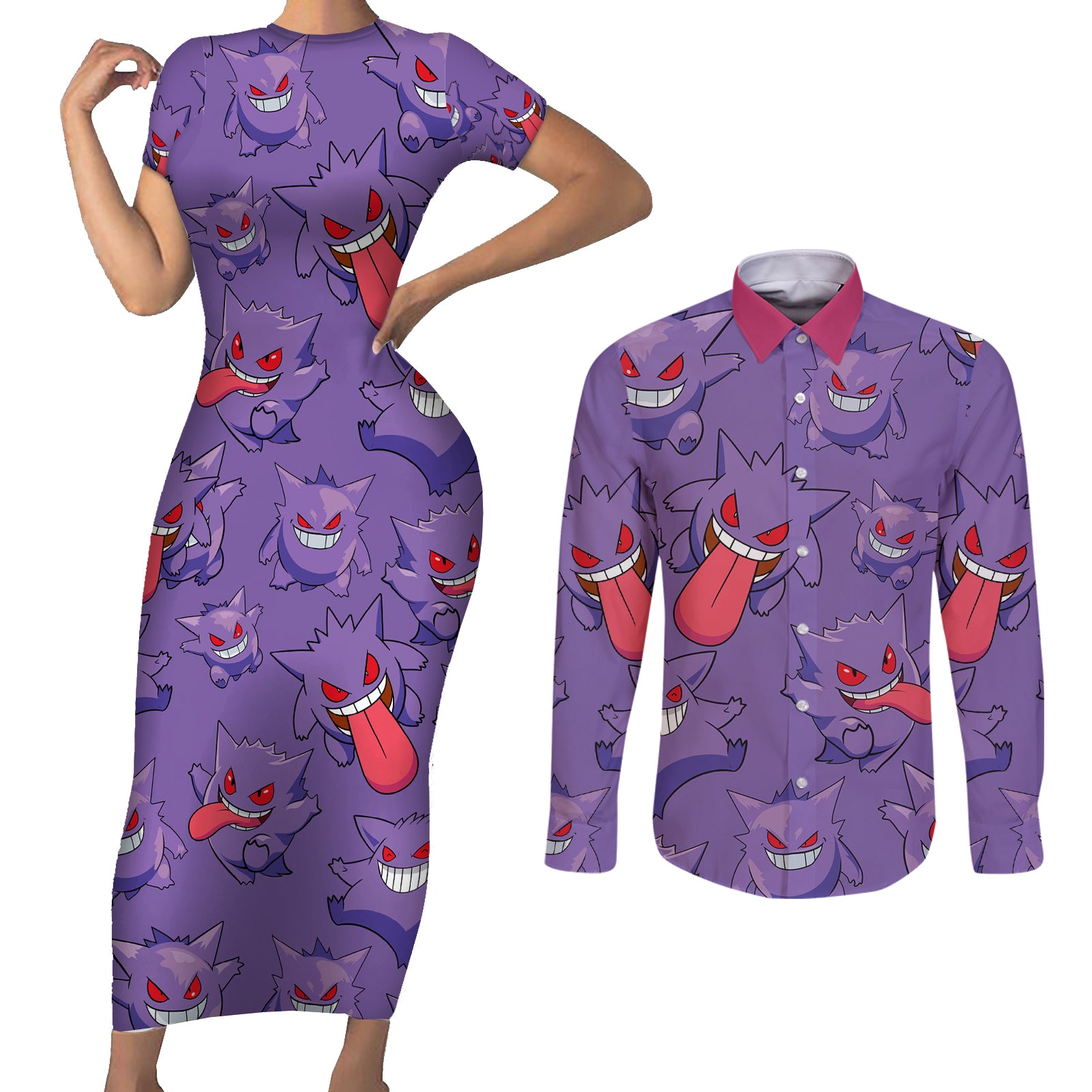 Gengar Clothes Pattern Style Couples Matching Short Sleeve Bodycon Dress and Long Sleeve Button Shirt