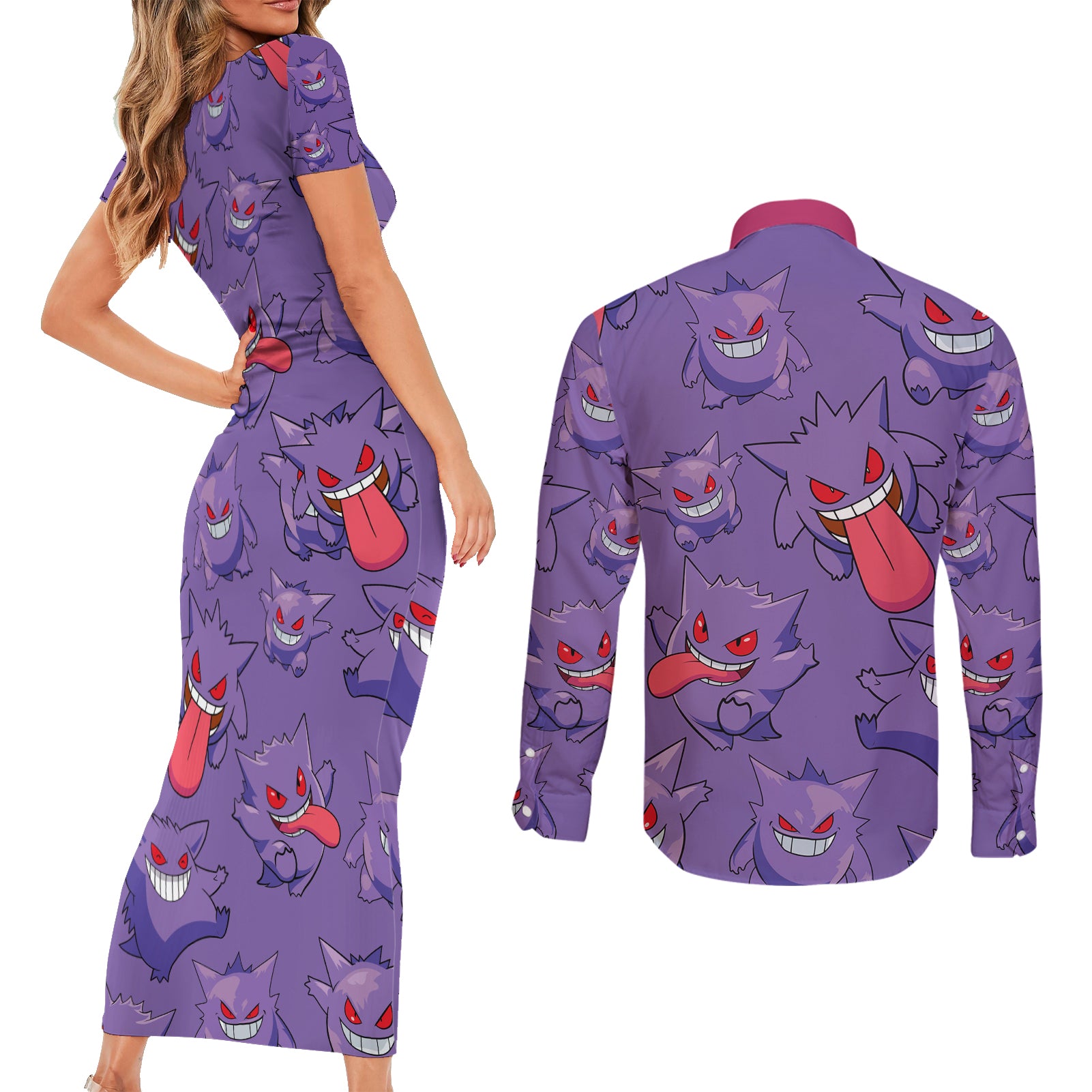 Gengar Clothes Pattern Style Couples Matching Short Sleeve Bodycon Dress and Long Sleeve Button Shirt