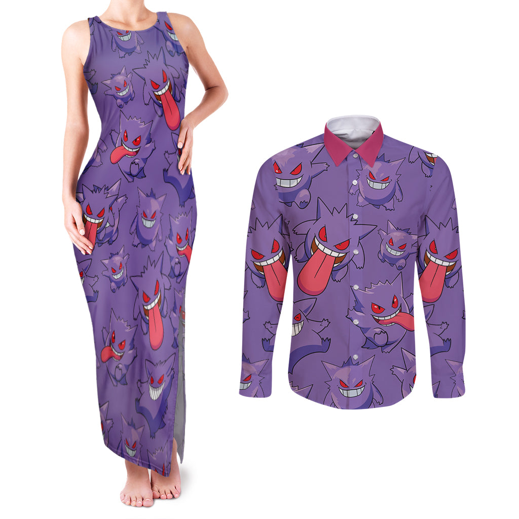 Gengar Clothes Pattern Style Couples Matching Tank Maxi Dress and Long Sleeve Button Shirt