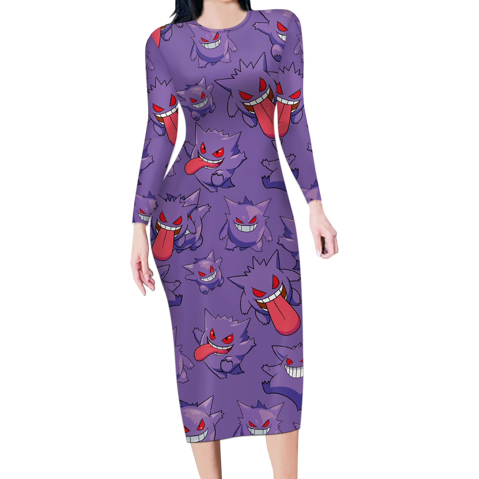 Gengar Clothes Pattern Style Long Sleeve Bodycon Dress