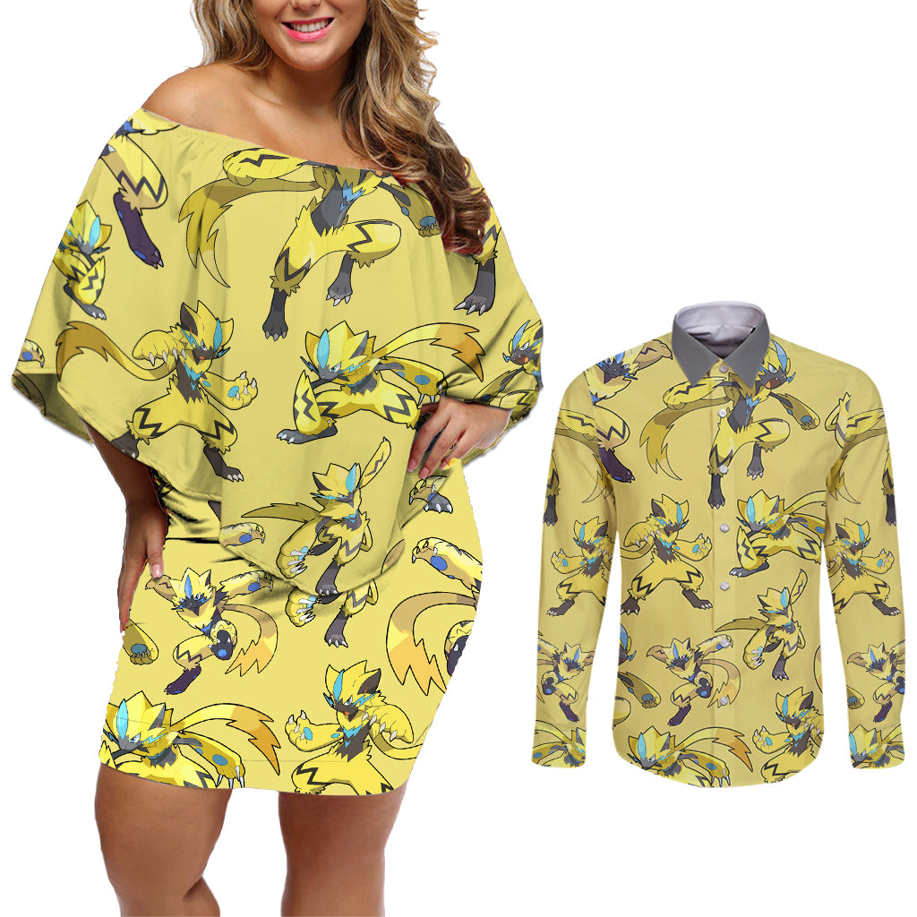 Zeraora Pattern Style Couples Matching Off Shoulder Short Dress and Long Sleeve Button Shirt