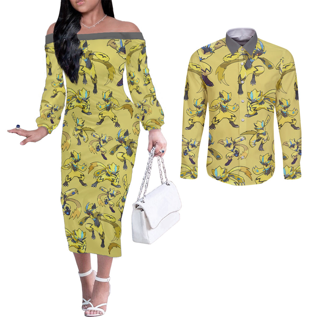 Zeraora Pattern Style Couples Matching Off The Shoulder Long Sleeve Dress and Long Sleeve Button Shirt