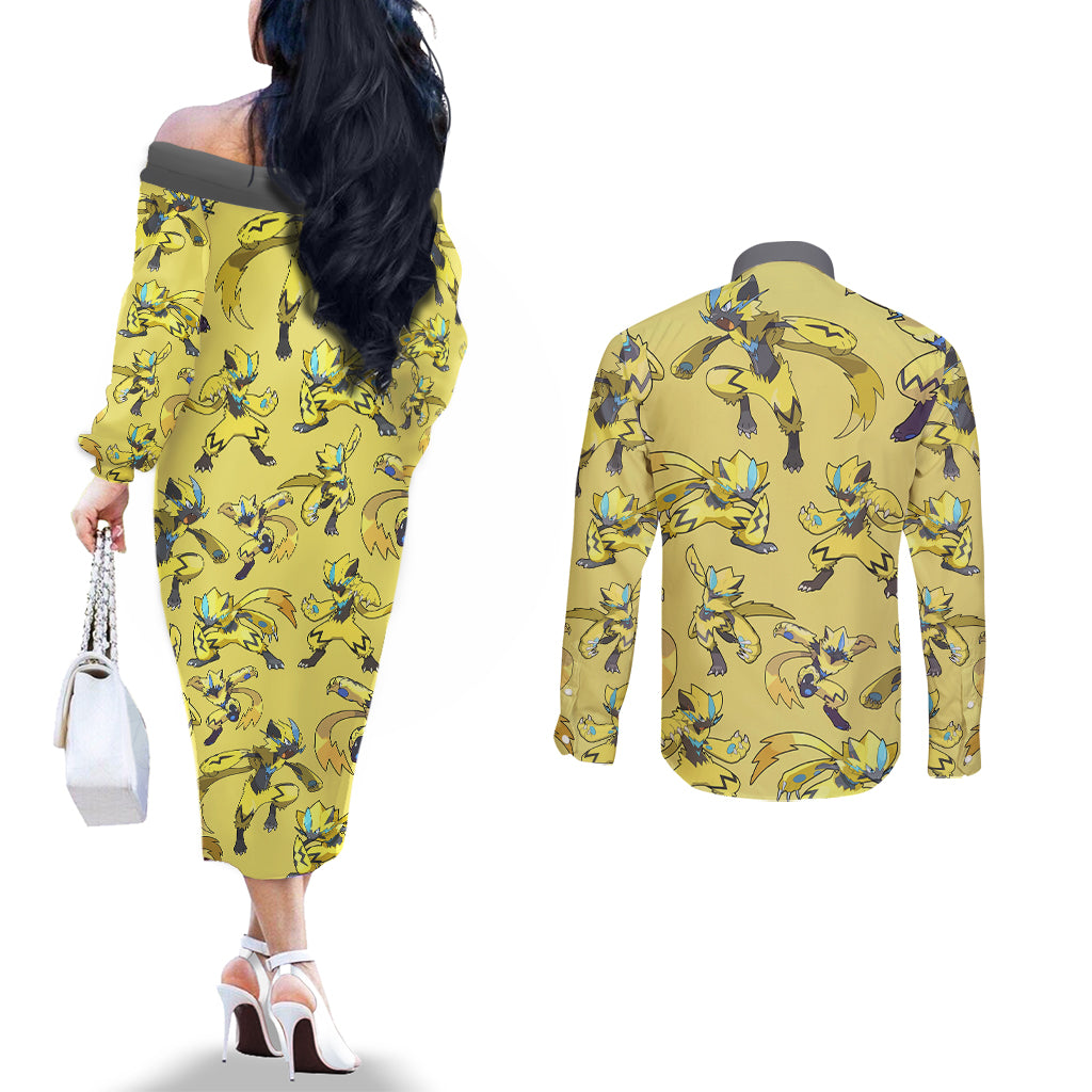 Zeraora Pattern Style Couples Matching Off The Shoulder Long Sleeve Dress and Long Sleeve Button Shirt