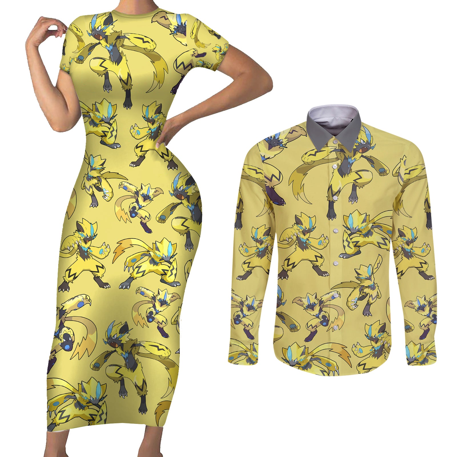 Zeraora Pattern Style Couples Matching Short Sleeve Bodycon Dress and Long Sleeve Button Shirt