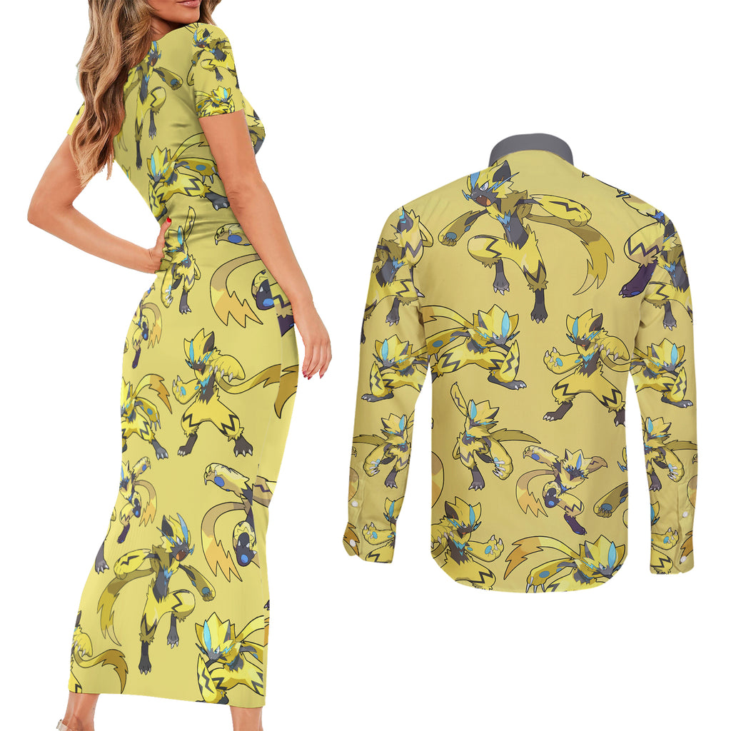 Zeraora Pattern Style Couples Matching Short Sleeve Bodycon Dress and Long Sleeve Button Shirt