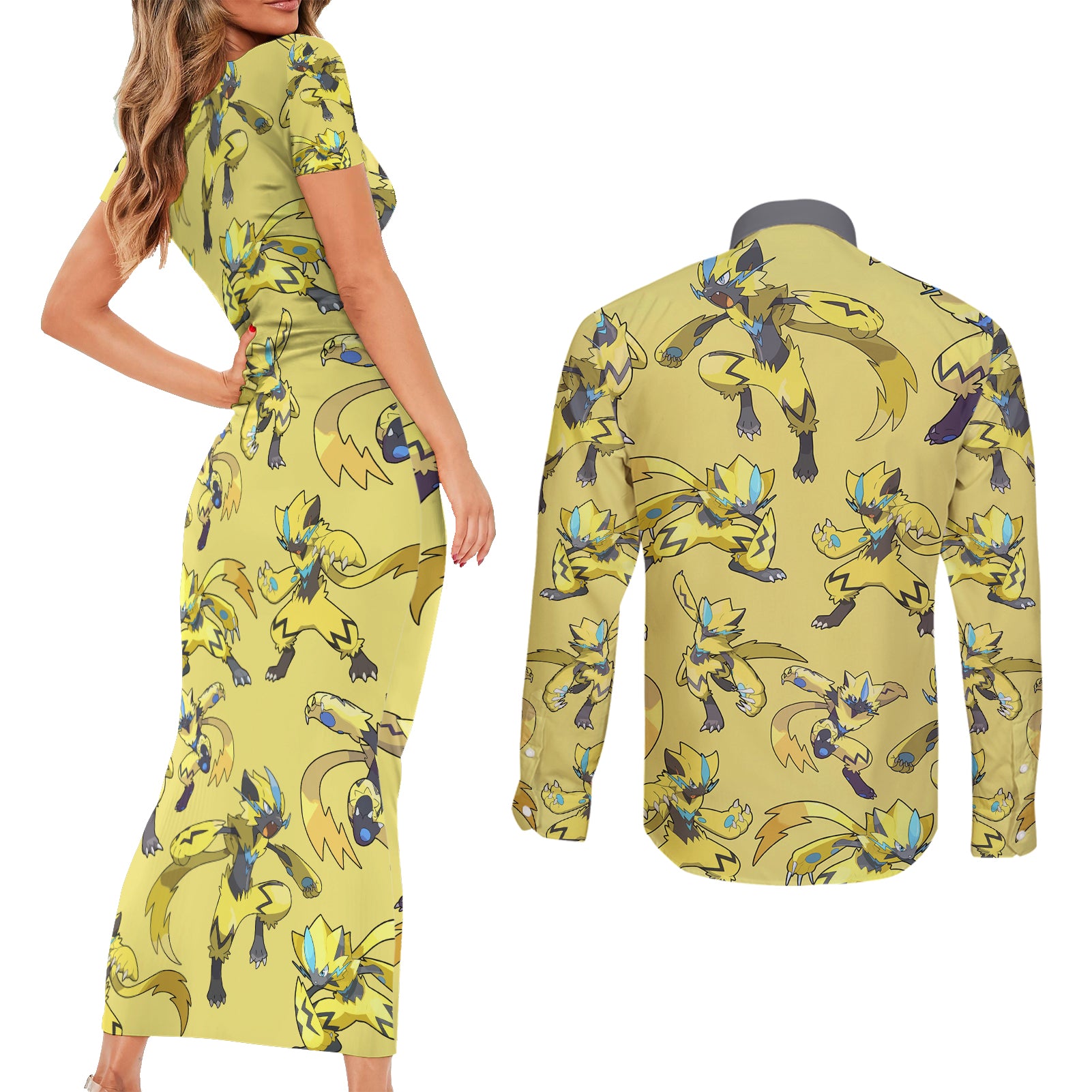 Zeraora Pattern Style Couples Matching Short Sleeve Bodycon Dress and Long Sleeve Button Shirt