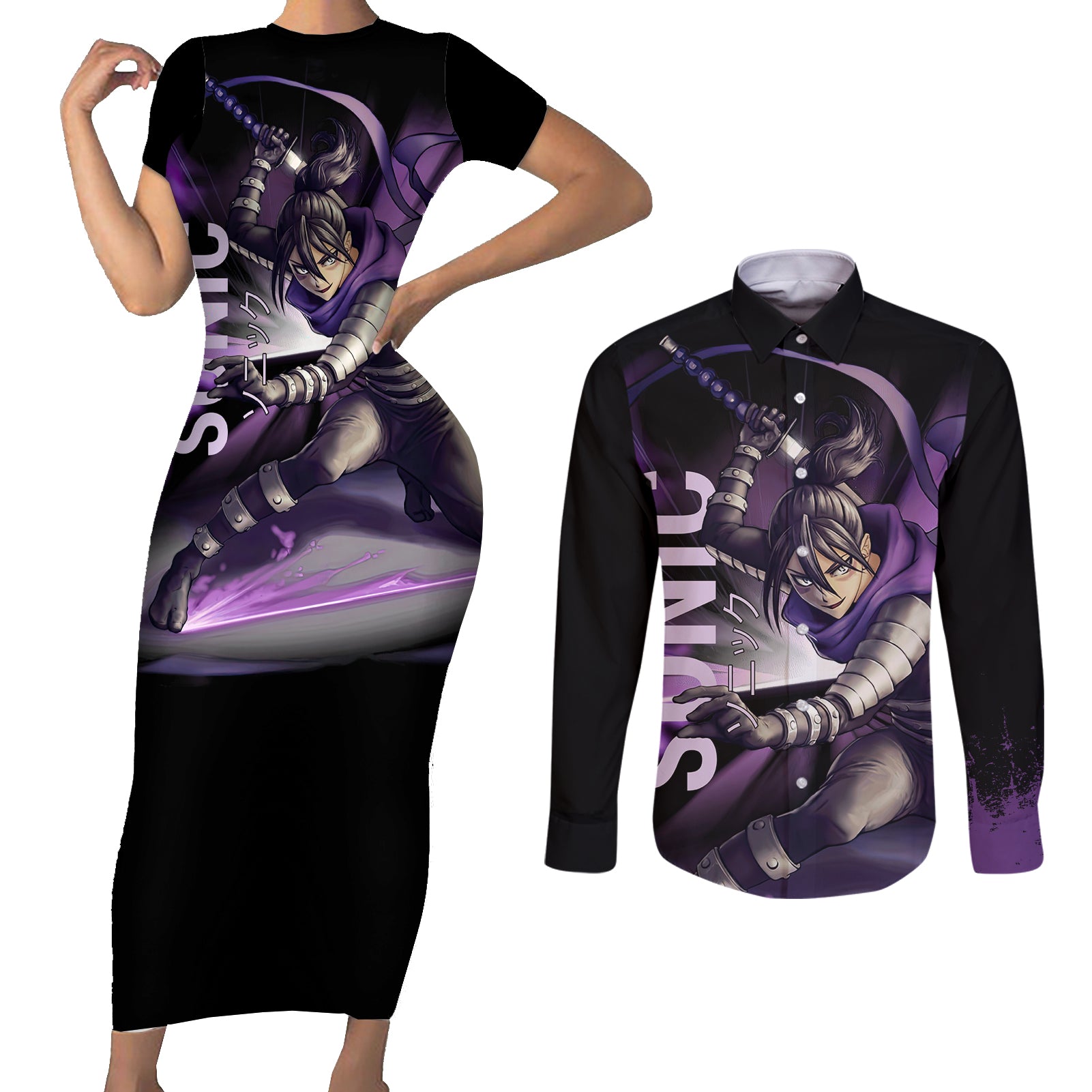 Sonic - One Puch Man Couples Matching Short Sleeve Bodycon Dress and Long Sleeve Button Shirt