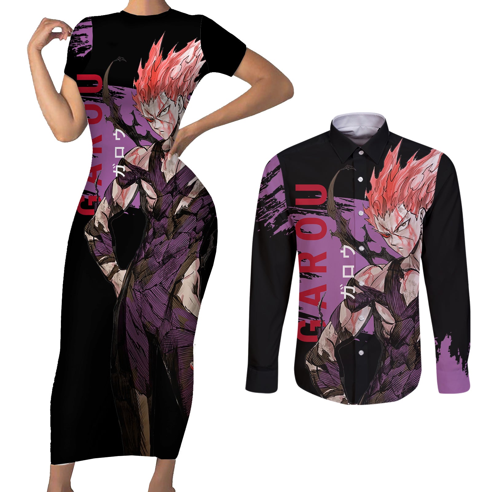 Garou - Anime OPM Couples Matching Short Sleeve Bodycon Dress and Long Sleeve Button Shirt