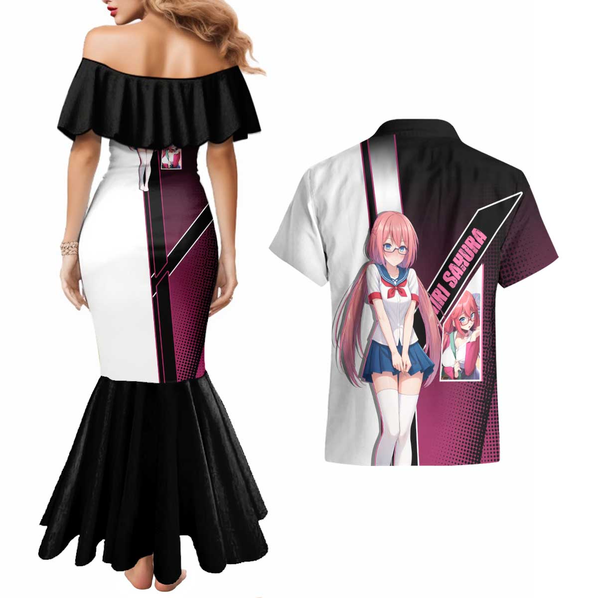 Airi Sakura Couples Matching Mermaid Dress and Hawaiian Shirt Shy Moe-Inspired Anime Style