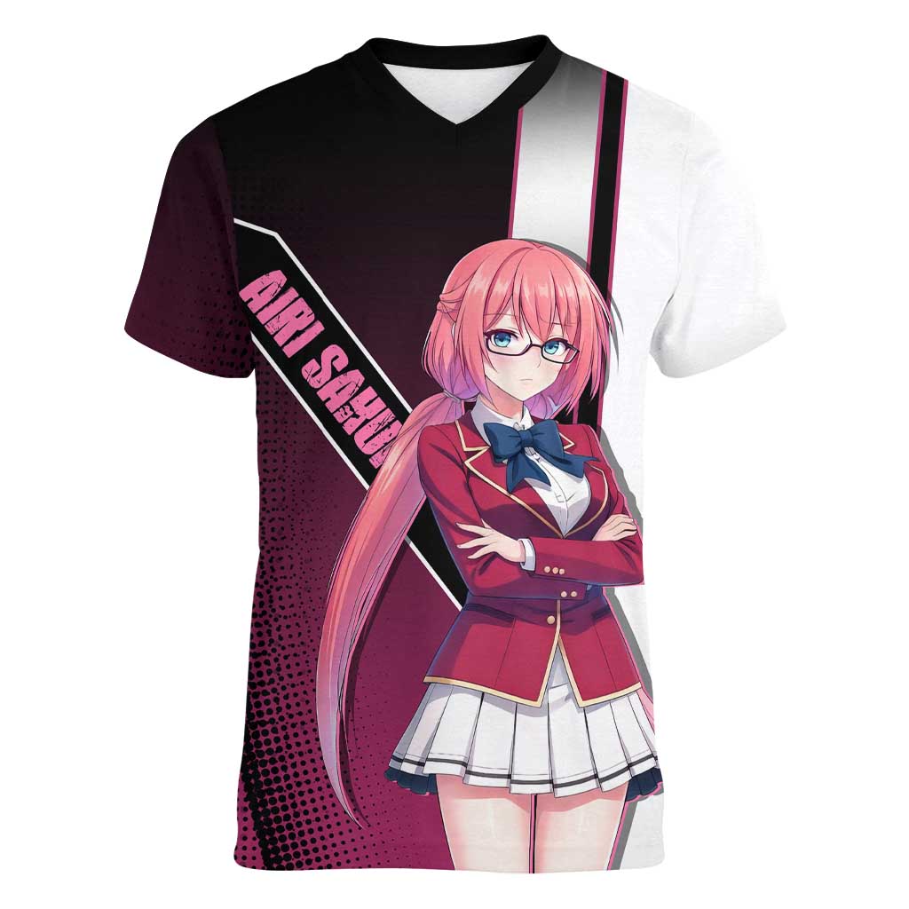 Airi Sakura Women V-Neck T-Shirt Shy Moe-Inspired Anime Style