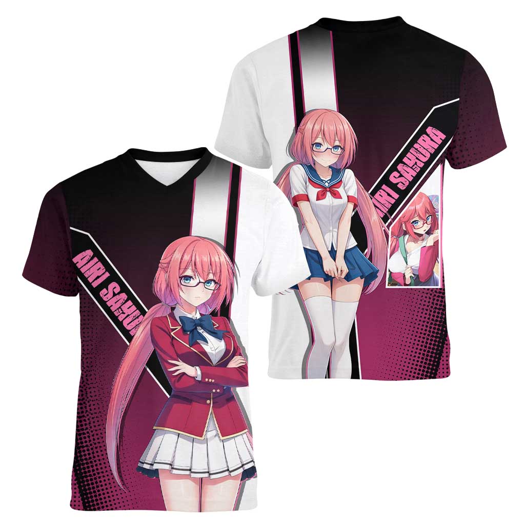 Airi Sakura Women V-Neck T-Shirt Shy Moe-Inspired Anime Style