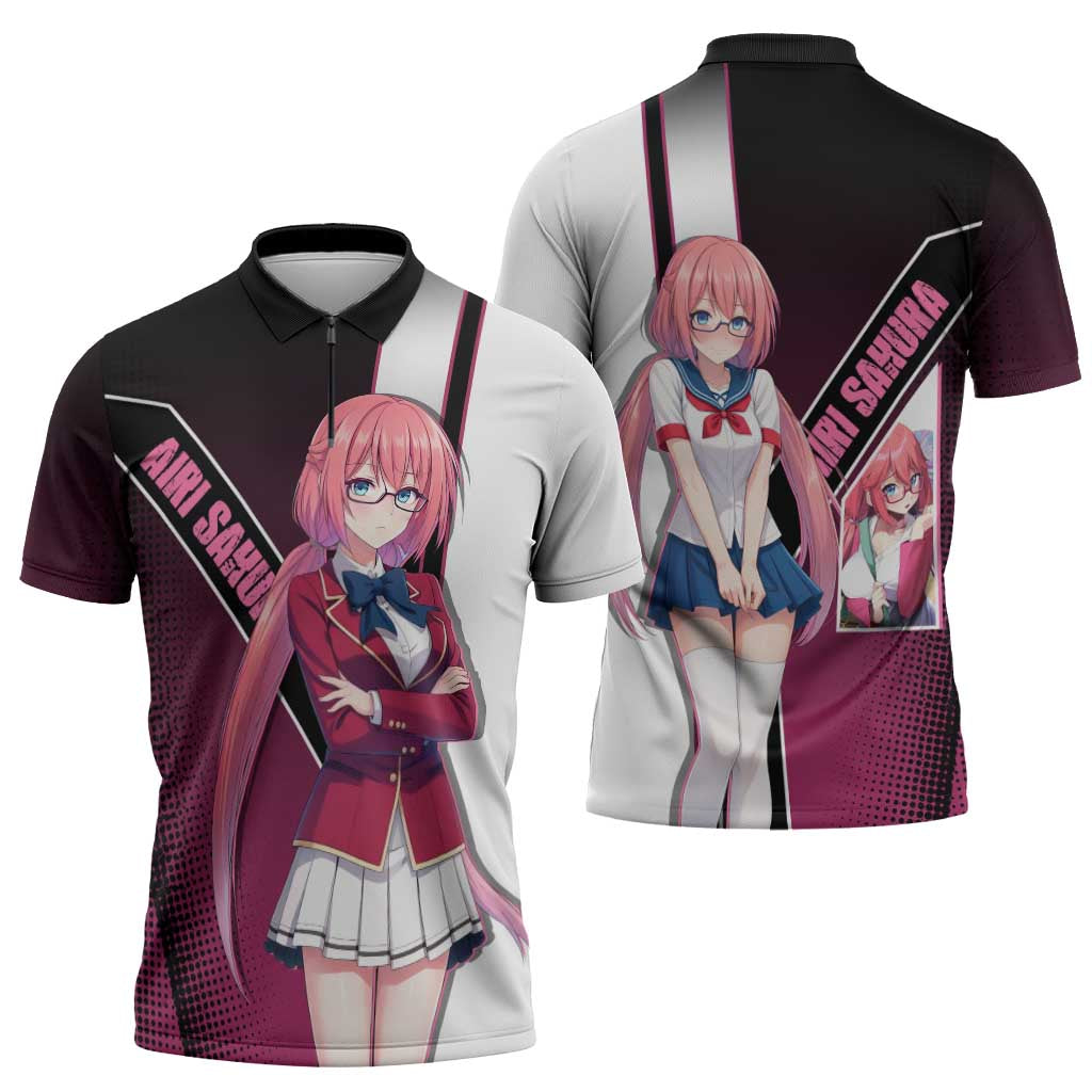 Airi Sakura Zipper Polo Shirt Shy Moe-Inspired Anime Style