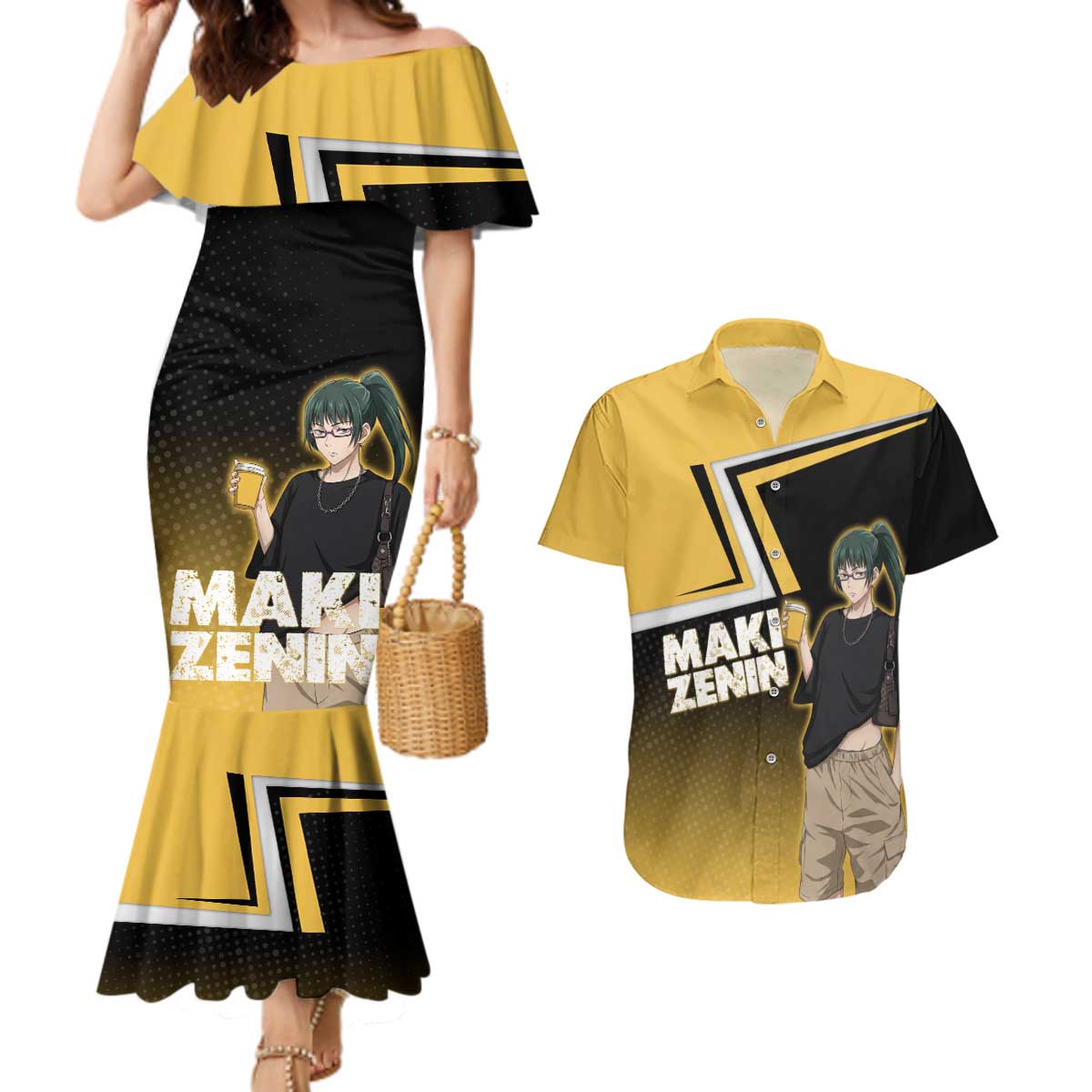 Maki Zenin Couples Matching Mermaid Dress and Hawaiian Shirt Jujutsu Kaisen Streetwear Style