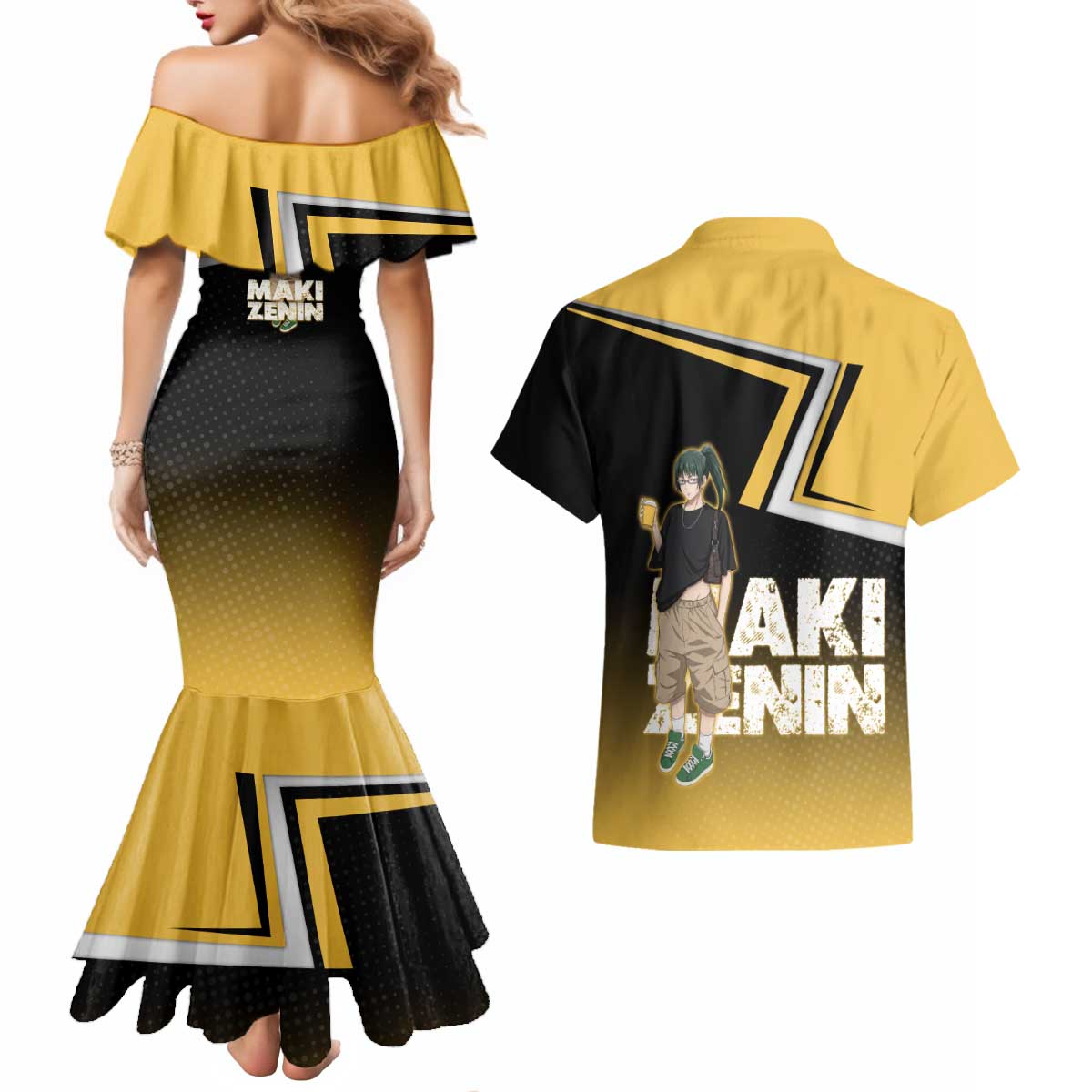Maki Zenin Couples Matching Mermaid Dress and Hawaiian Shirt Jujutsu Kaisen Streetwear Style