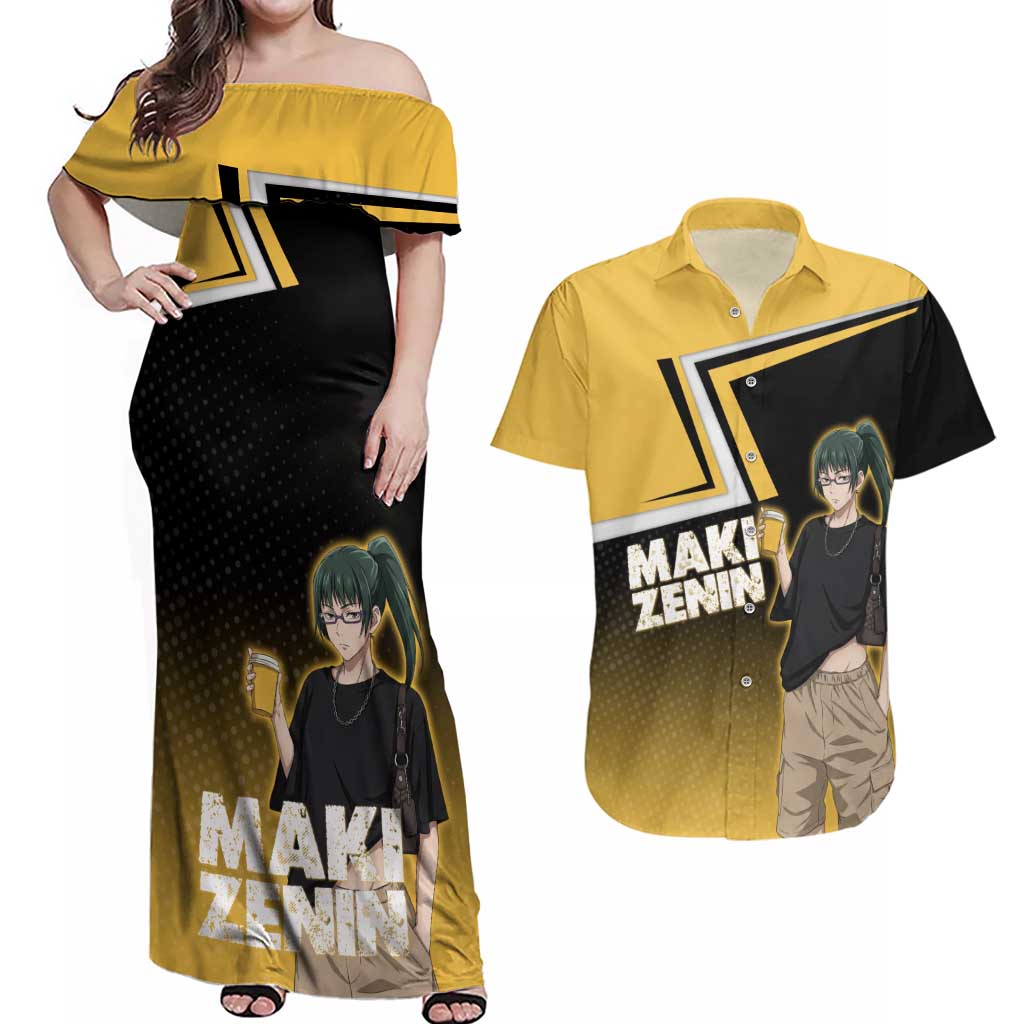 Maki Zenin Couples Matching Off Shoulder Maxi Dress and Hawaiian Shirt Jujutsu Kaisen Streetwear Style