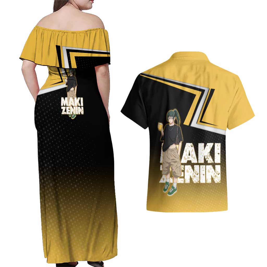 Maki Zenin Couples Matching Off Shoulder Maxi Dress and Hawaiian Shirt Jujutsu Kaisen Streetwear Style