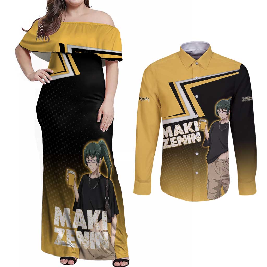 Maki Zenin Couples Matching Off Shoulder Maxi Dress and Long Sleeve Button Shirt Jujutsu Kaisen Streetwear Style