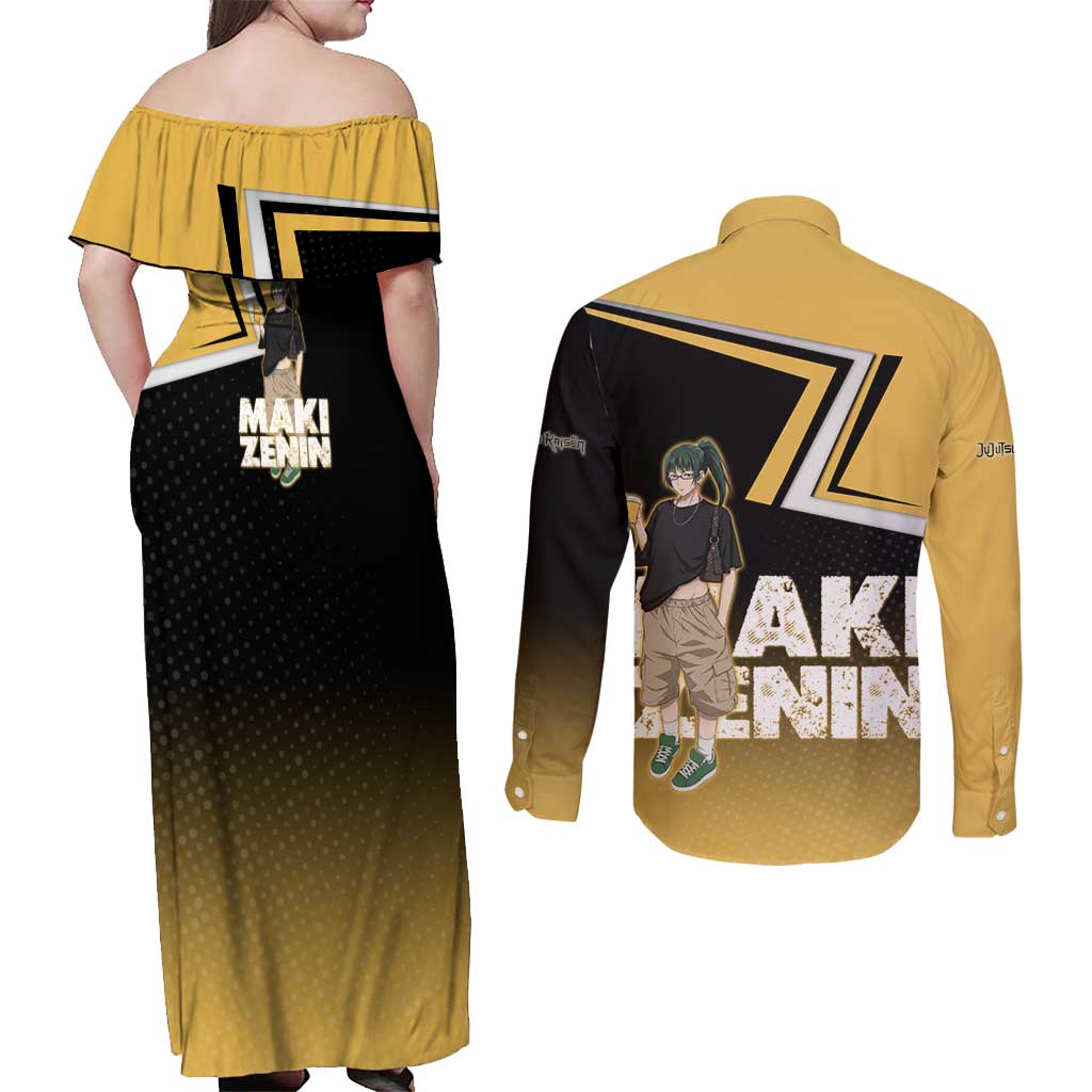 Maki Zenin Couples Matching Off Shoulder Maxi Dress and Long Sleeve Button Shirt Jujutsu Kaisen Streetwear Style