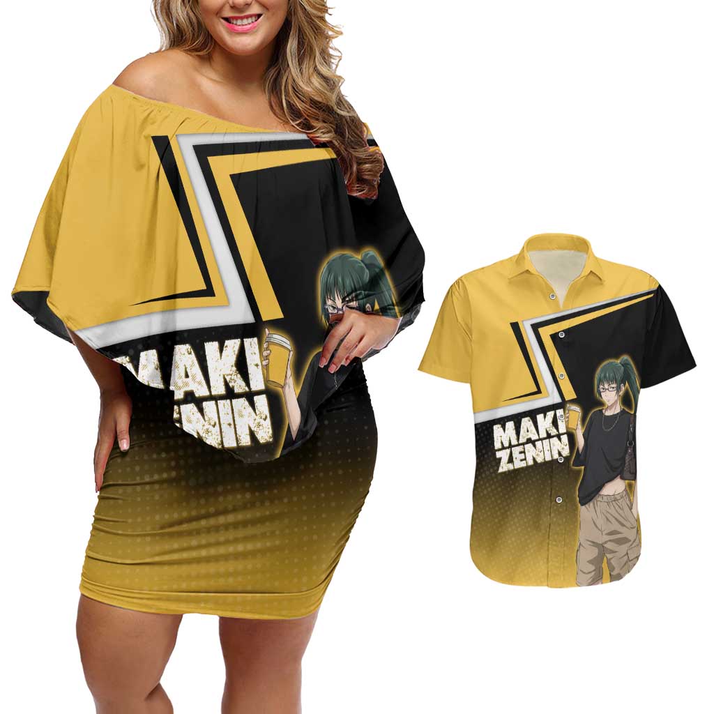 Maki Zenin Couples Matching Off Shoulder Short Dress and Hawaiian Shirt Jujutsu Kaisen Streetwear Style
