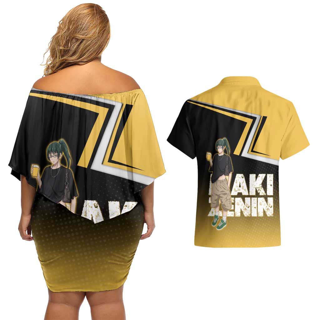 Maki Zenin Couples Matching Off Shoulder Short Dress and Hawaiian Shirt Jujutsu Kaisen Streetwear Style