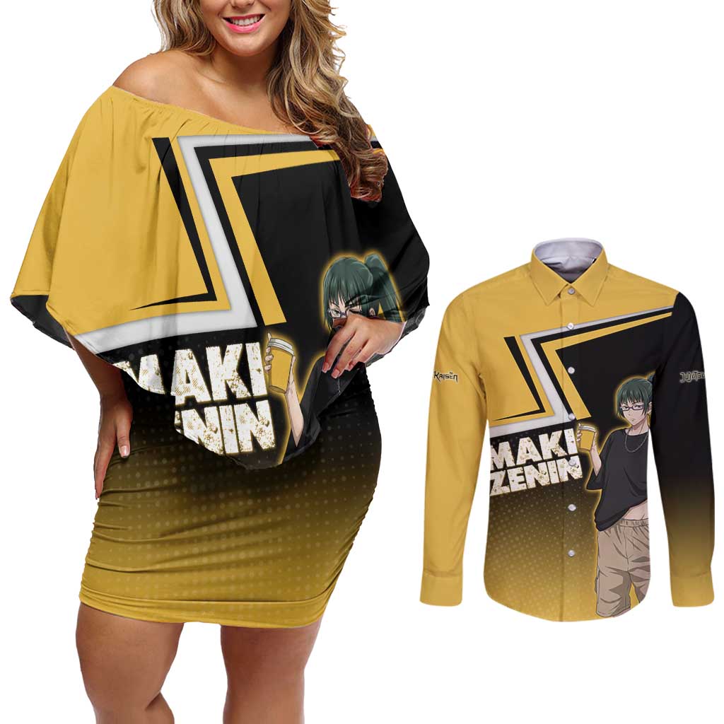 Maki Zenin Couples Matching Off Shoulder Short Dress and Long Sleeve Button Shirt Jujutsu Kaisen Streetwear Style