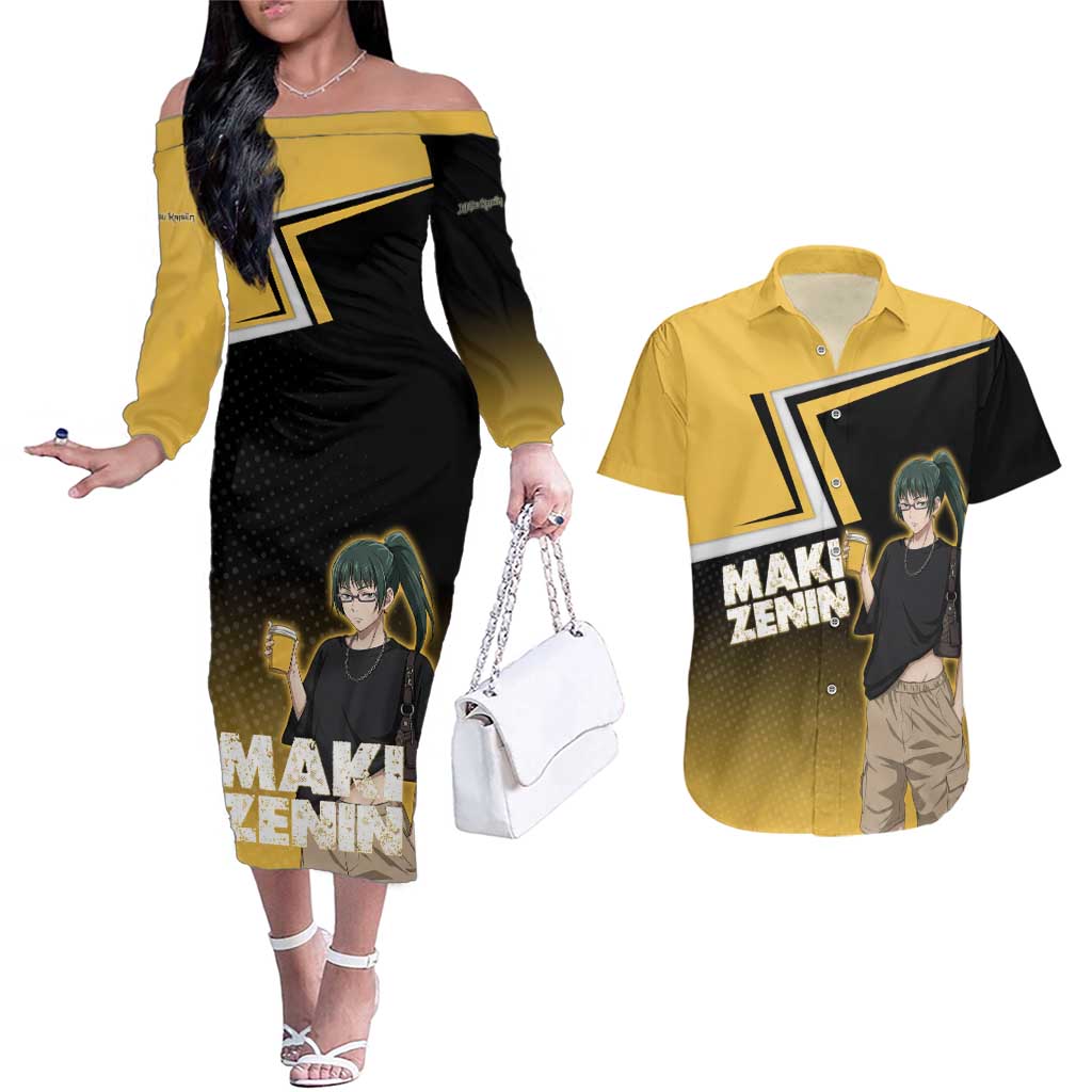 Maki Zenin Couples Matching Off The Shoulder Long Sleeve Dress and Hawaiian Shirt Jujutsu Kaisen Streetwear Style