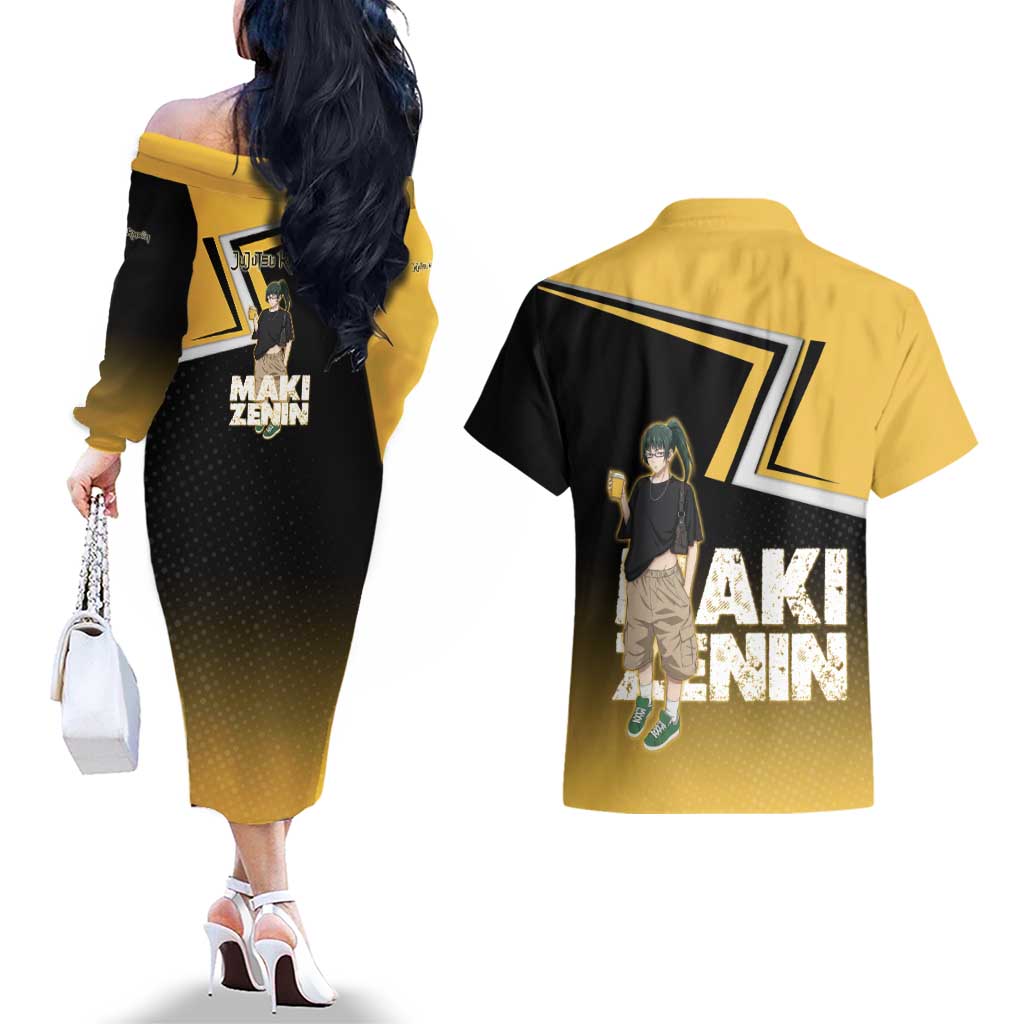 Maki Zenin Couples Matching Off The Shoulder Long Sleeve Dress and Hawaiian Shirt Jujutsu Kaisen Streetwear Style
