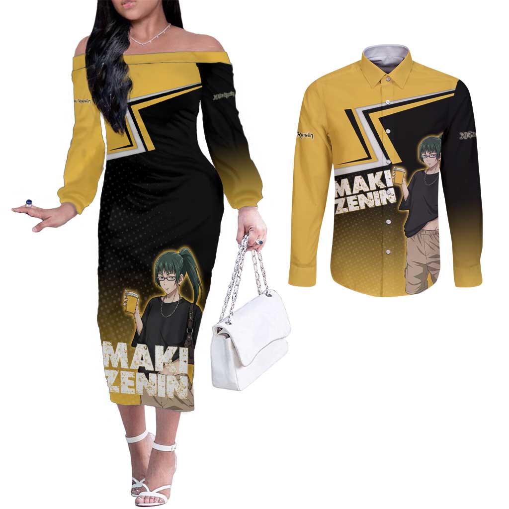 Maki Zenin Couples Matching Off The Shoulder Long Sleeve Dress and Long Sleeve Button Shirt Jujutsu Kaisen Streetwear Style