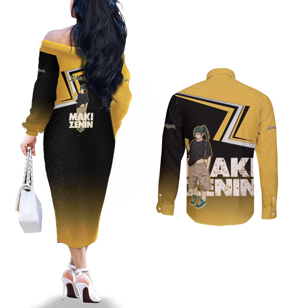 Maki Zenin Couples Matching Off The Shoulder Long Sleeve Dress and Long Sleeve Button Shirt Jujutsu Kaisen Streetwear Style