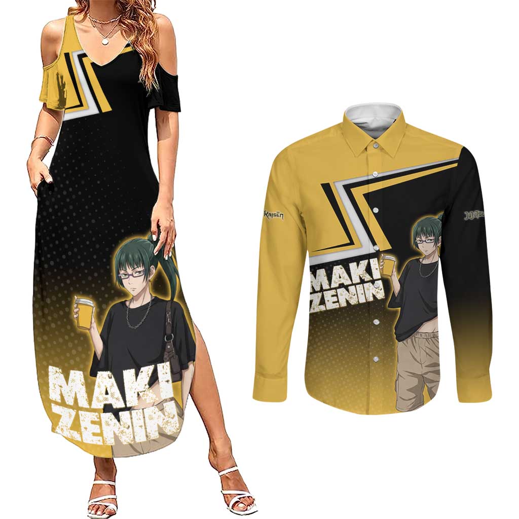 Maki Zenin Couples Matching Summer Maxi Dress and Long Sleeve Button Shirt Jujutsu Kaisen Streetwear Style