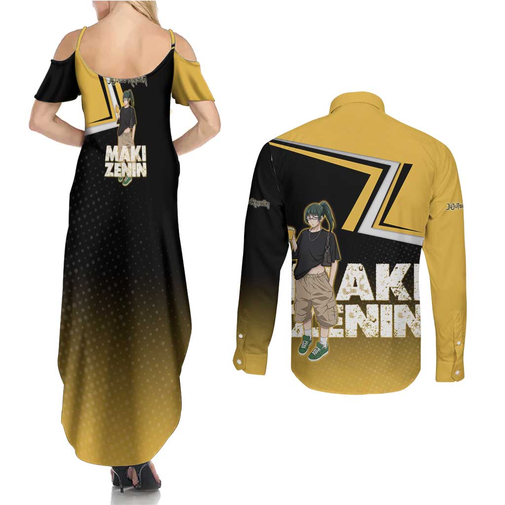Maki Zenin Couples Matching Summer Maxi Dress and Long Sleeve Button Shirt Jujutsu Kaisen Streetwear Style