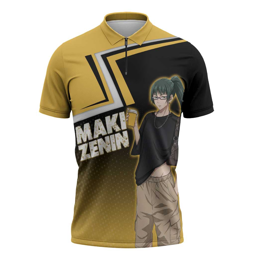 Maki Zenin Zipper Polo Shirt Jujutsu Kaisen Streetwear Style