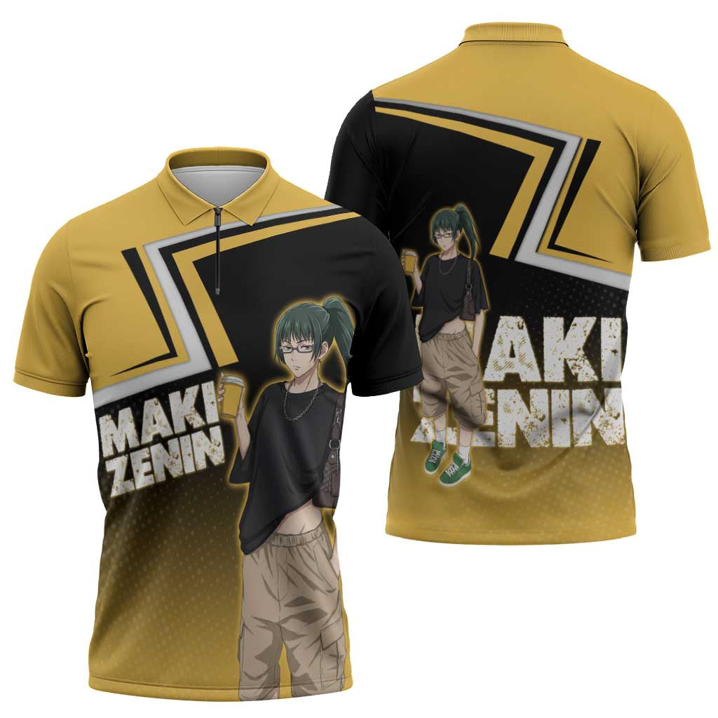 Maki Zenin Zipper Polo Shirt Jujutsu Kaisen Streetwear Style