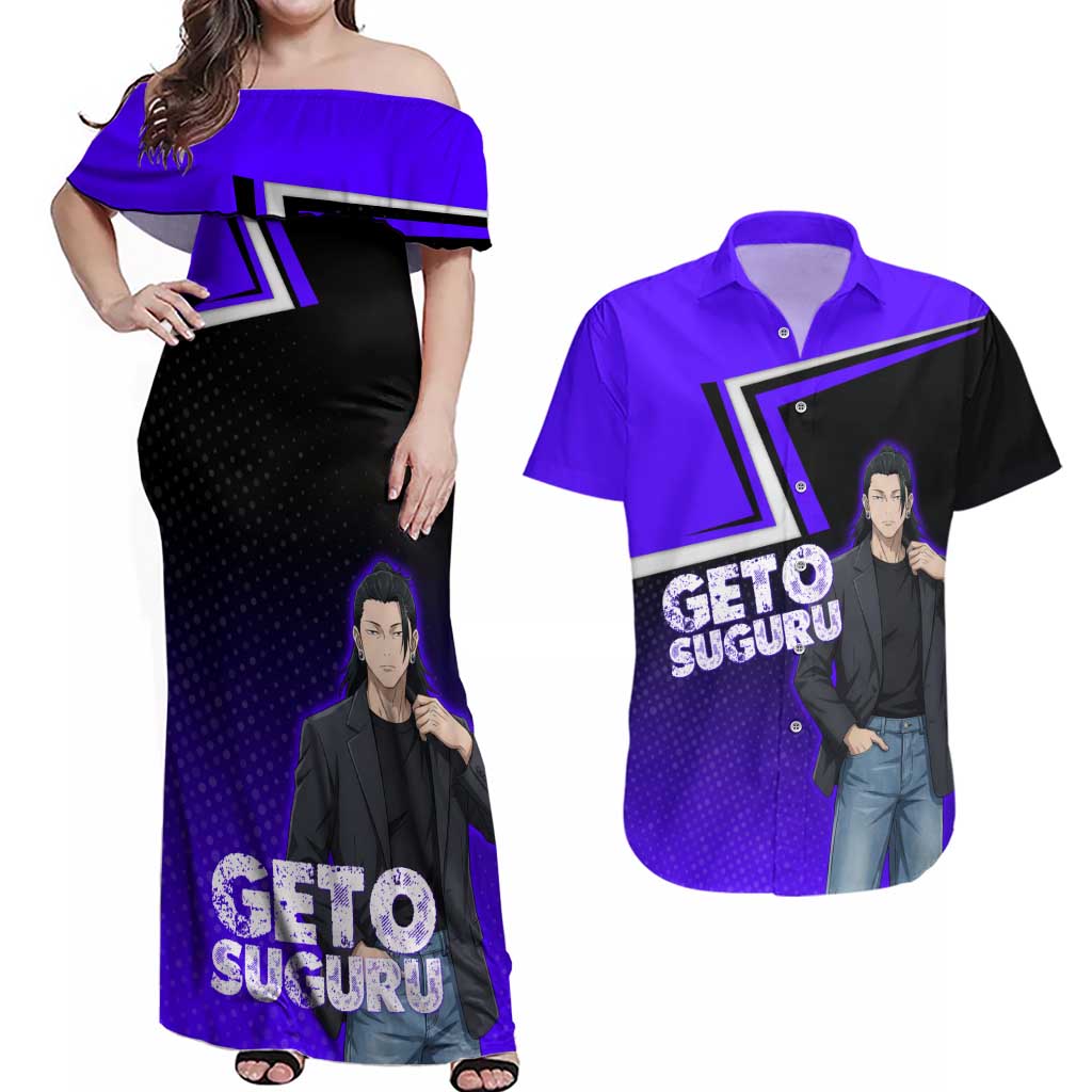 Geto Suguru Couples Matching Off Shoulder Maxi Dress and Hawaiian Shirt Jujutsu Kaisen Casual Suit Look