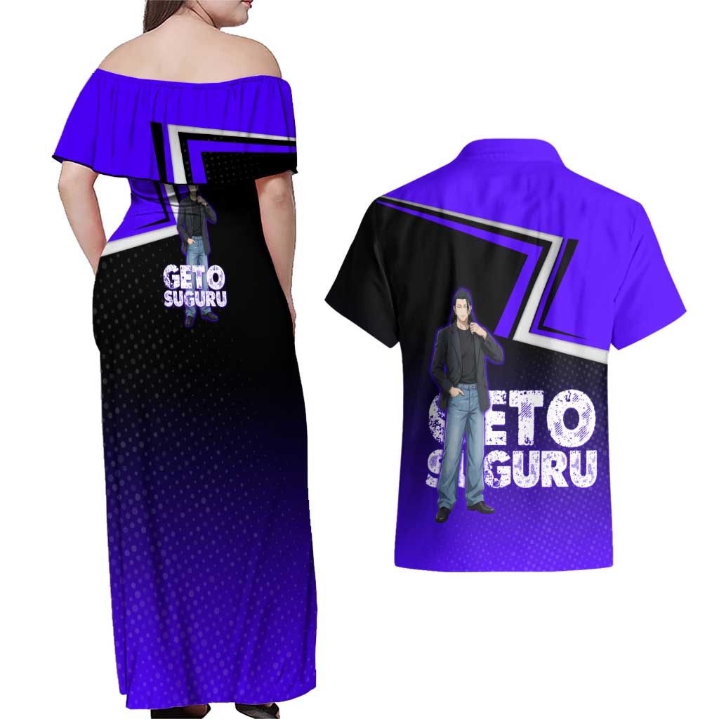 Geto Suguru Couples Matching Off Shoulder Maxi Dress and Hawaiian Shirt Jujutsu Kaisen Casual Suit Look