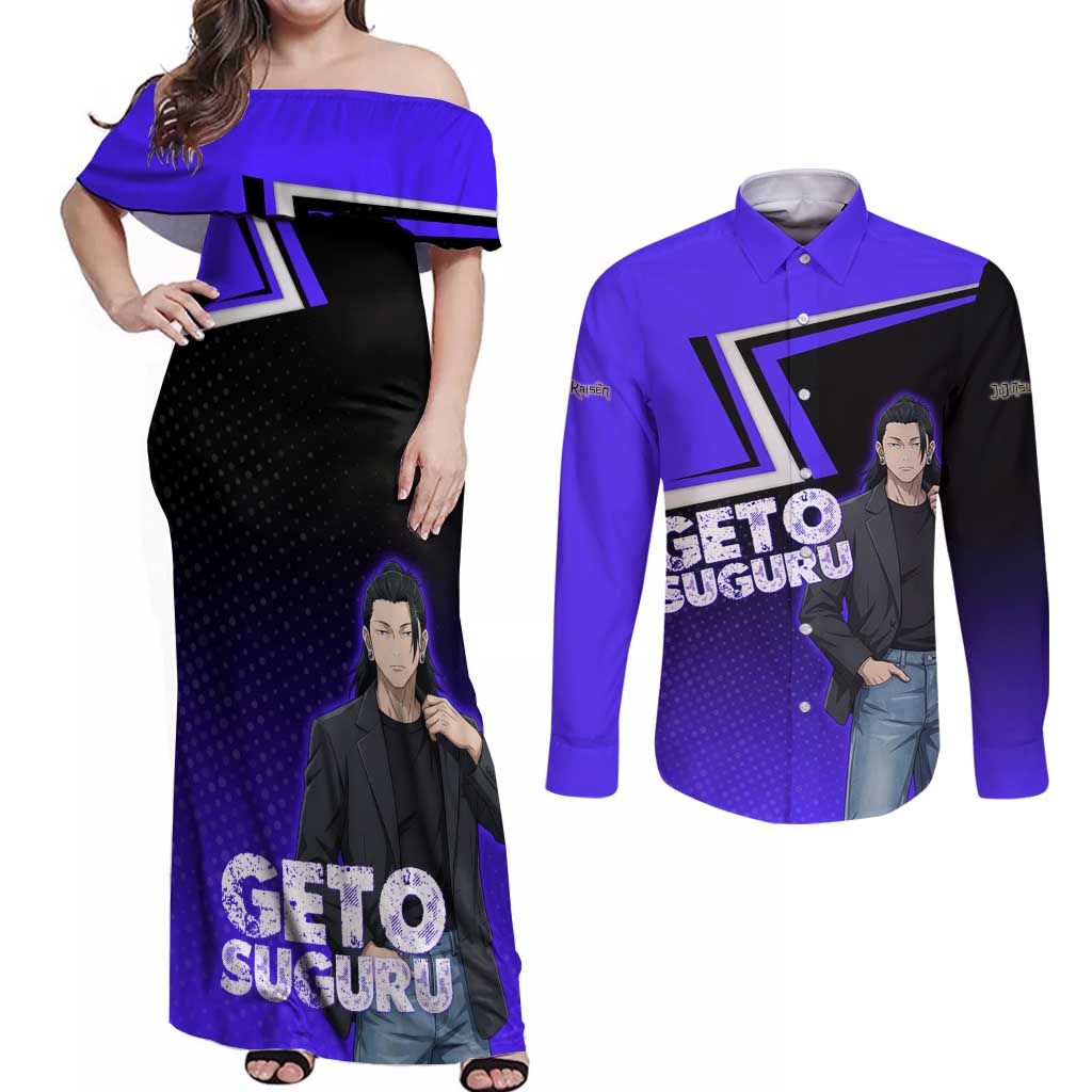 Geto Suguru Couples Matching Off Shoulder Maxi Dress and Long Sleeve Button Shirt Jujutsu Kaisen Casual Suit Look