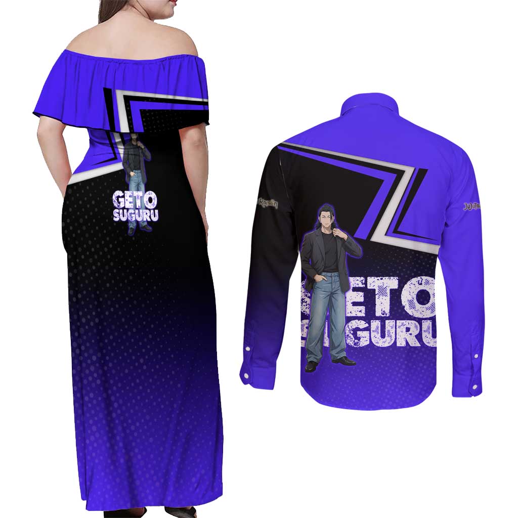 Geto Suguru Couples Matching Off Shoulder Maxi Dress and Long Sleeve Button Shirt Jujutsu Kaisen Casual Suit Look