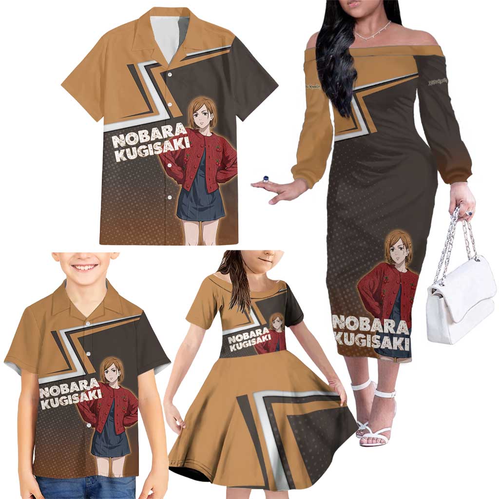 Nobara Kugisaki Family Matching Off The Shoulder Long Sleeve Dress and Hawaiian Shirt Jujutsu Kaisen Casual Chic Style
