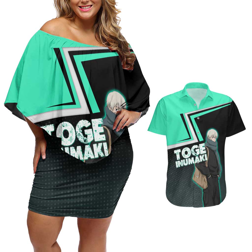 Toge Inumaki Couples Matching Off Shoulder Short Dress and Hawaiian Shirt Jujutsu Kaisen Winter Streetwear Aesthetic