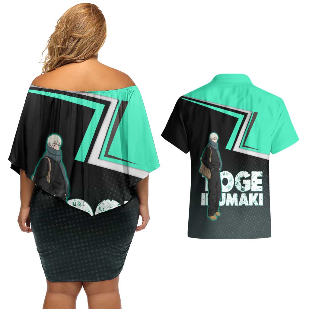 Toge Inumaki Couples Matching Off Shoulder Short Dress and Hawaiian Shirt Jujutsu Kaisen Winter Streetwear Aesthetic