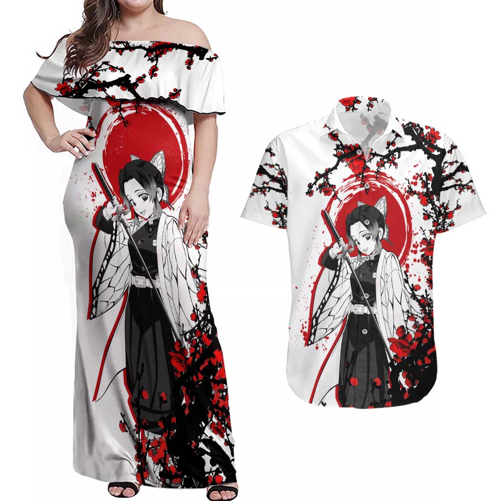 Shinobu Kocho - Demon Slayer Couples Matching Off Shoulder Maxi Dress and Hawaiian Shirt Anime Japan Style
