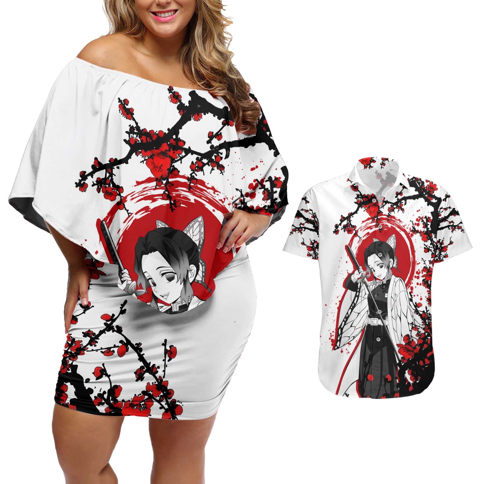 Shinobu Kocho - Demon Slayer Couples Matching Off Shoulder Short Dress and Hawaiian Shirt Anime Japan Style