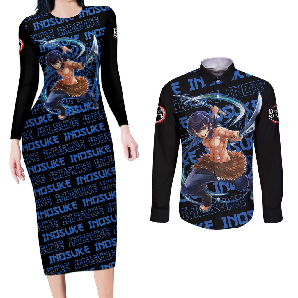 Inosuke Hashibira - Demon Slayer Couples Matching Long Sleeve Bodycon Dress and Long Sleeve Button Shirt Anime Japan Style